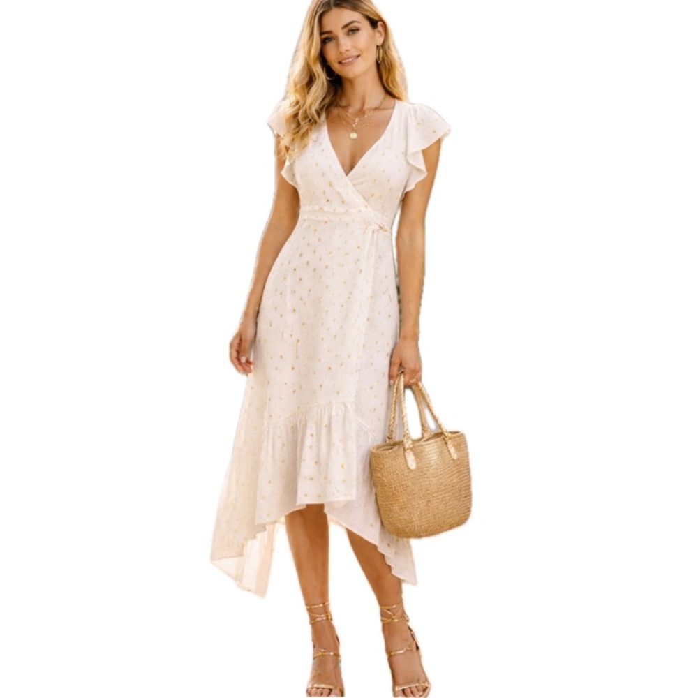 DREW, Anthropologie Ivory High-Low Wrap Dress with Gold Dot Detail, Size M